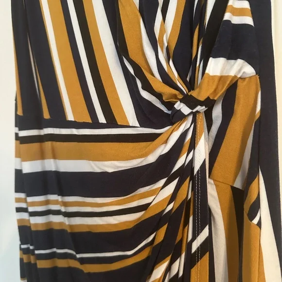Allison Joy Navy and Gold Stripped Faux Wrap Dress - Picture 4 of 7